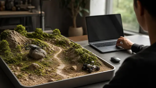 A tabletop sandbox landscape is coming to life beside a generic laptop, with a tiny drone and rover suggesting real-time world generation.