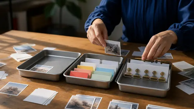 Hands on a desk quickly sorting image cards and review slips into separate trays, symbolizing fast evaluation decisions.