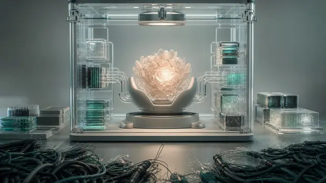 A sealed glass training chamber with an isolated glowing AI core inside, surrounded by cached data blocks while dark network cables end outside the barrier.