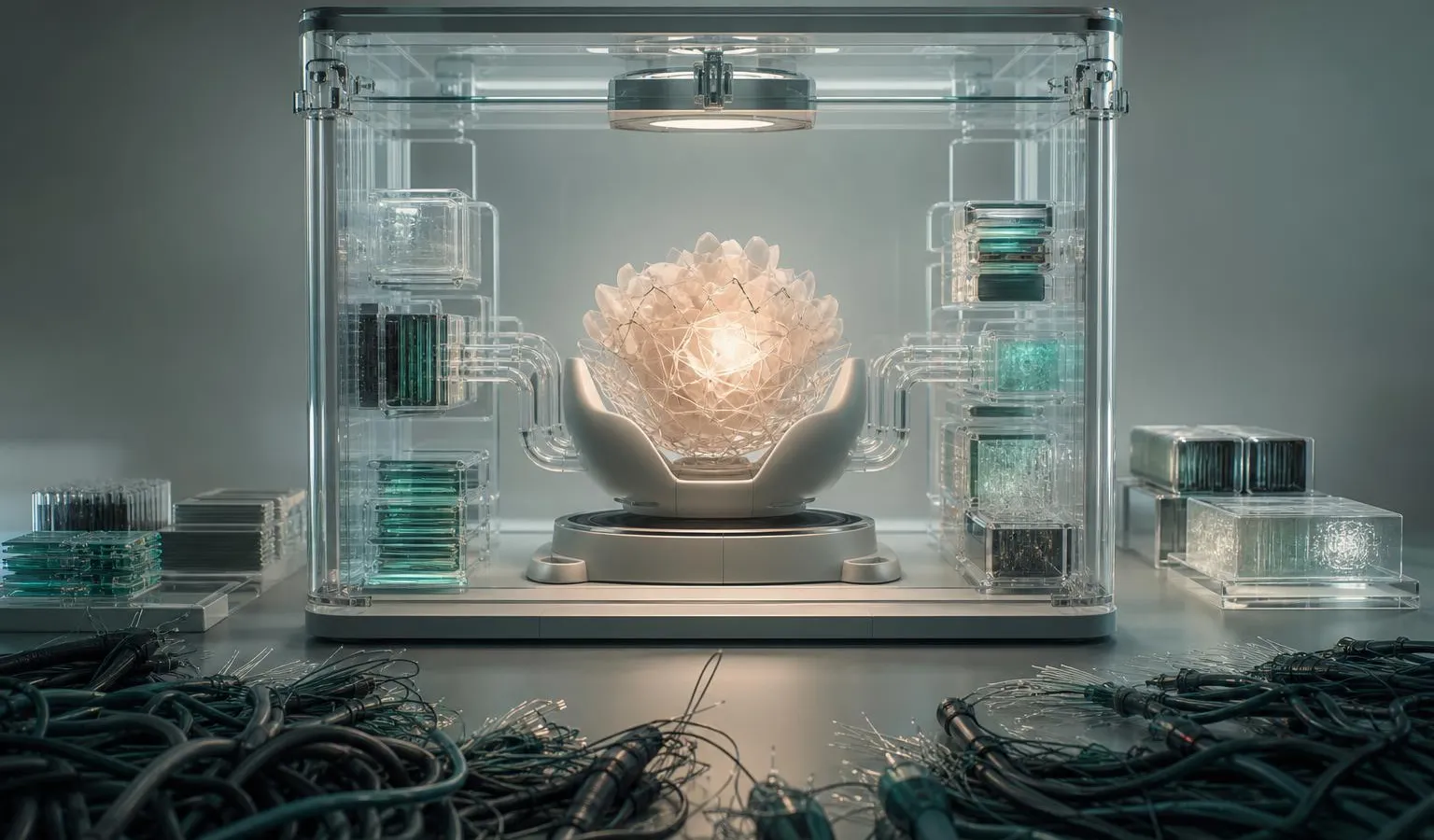 A sealed glass training chamber with an isolated glowing AI core inside, surrounded by cached data blocks while dark network cables end outside the barrier.
