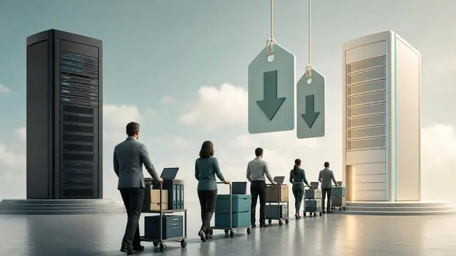 Anonymous office workers move data carts between two rival server towers while oversized price tags pull enterprise workloads toward the cheaper platform.