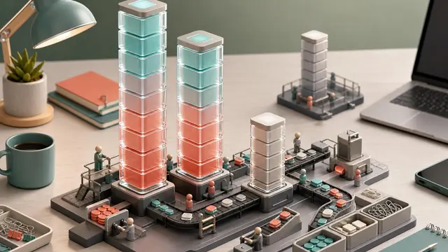 An isometric workspace shows translucent stacked quota towers growing taller beside smaller unchanged ones, with tiny workflow pieces moving between them.