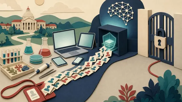 A paper-cut university lab bench transitions into a secure AI workspace, with many seat cards flowing to generic devices and a locked barrier blocking API access.