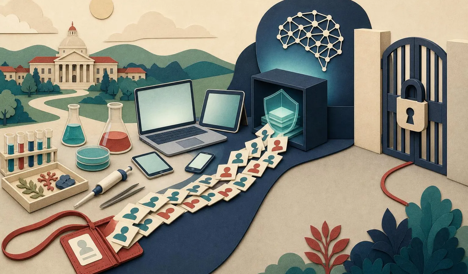 A paper-cut university lab bench transitions into a secure AI workspace, with many seat cards flowing to generic devices and a locked barrier blocking API access.