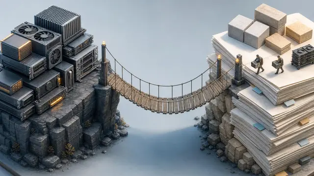 An isometric scene shows a sagging bridge linking stacks of compute chips and funding papers, with tiny anonymous figures moving resources across it.