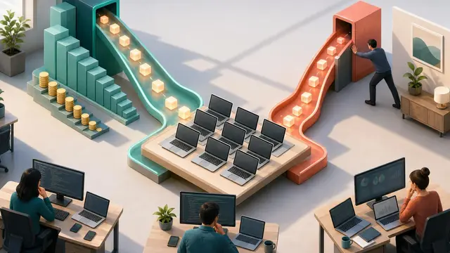 An isometric office diorama shows discounted AI workload streams competing to feed generic laptops while anonymous teams watch from nearby desks.