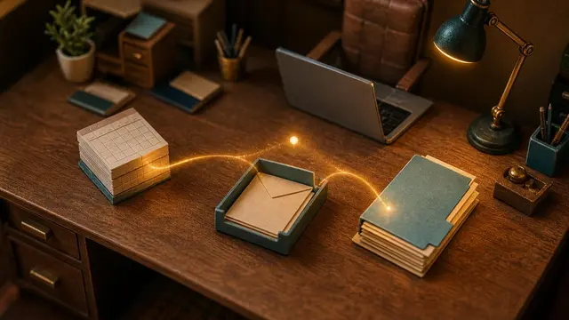A tiny glowing dot floats over a miniature desk, linking calendar blocks, envelopes, and file folders beside a generic laptop in a warm tilt-shift scene.