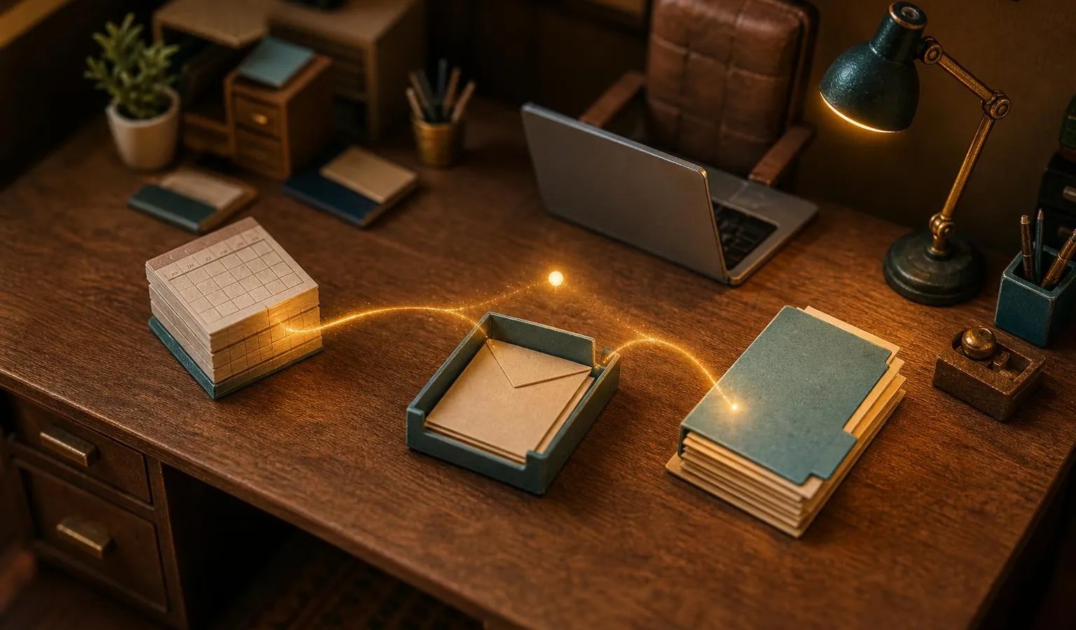 A tiny glowing dot floats over a miniature desk, linking calendar blocks, envelopes, and file folders beside a generic laptop in a warm tilt-shift scene.