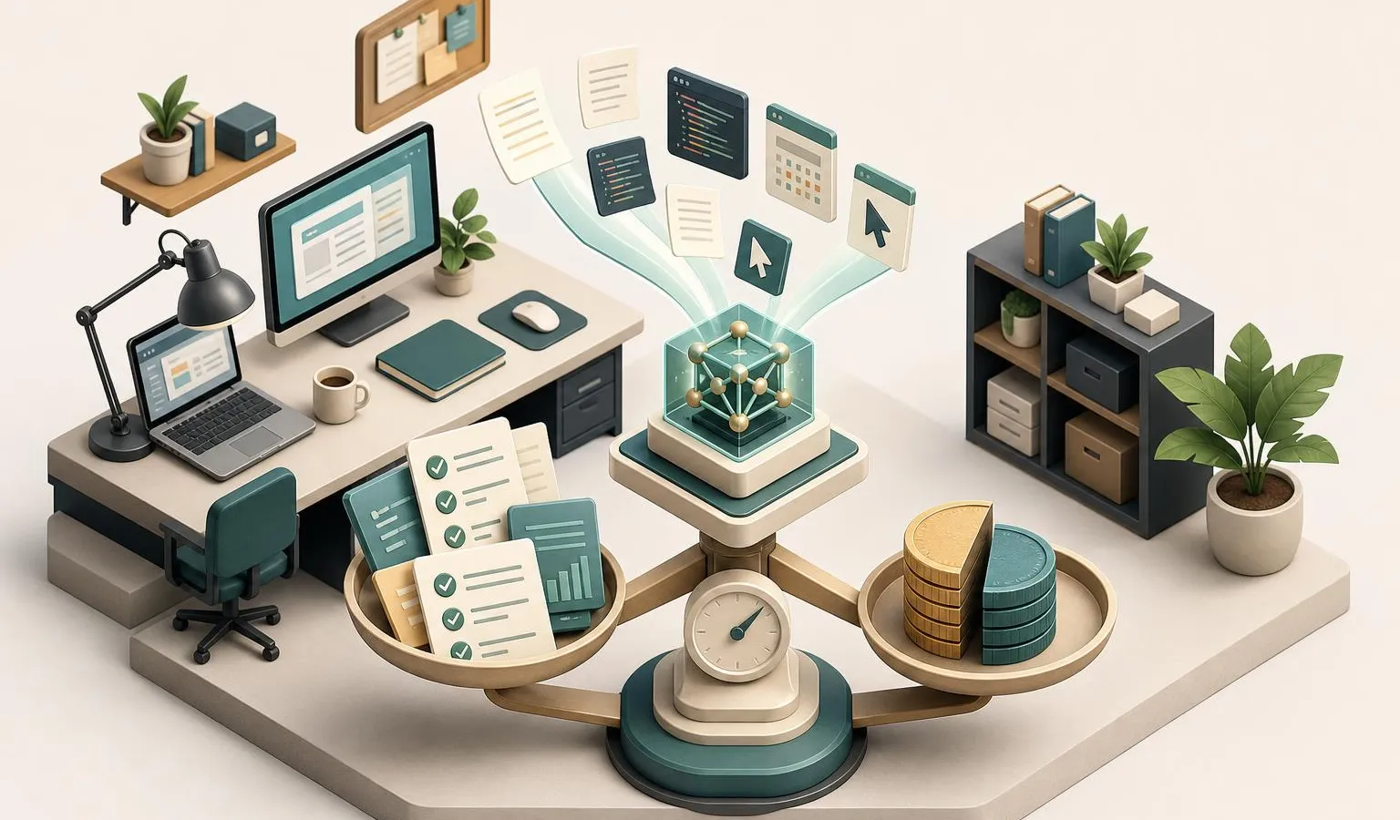 An isometric office scene shows documents, code tasks, and a laptop feeding a compact model core on a scale, symbolizing better performance at lower cost.