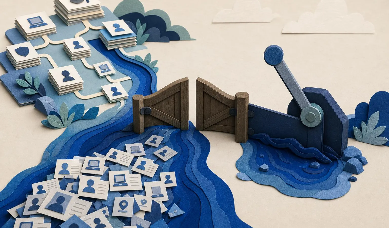 A paper-collage blue data stream splits at a gate, with one path feeding a training grid and the other blocked by a privacy switch.