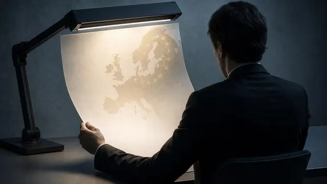 A person holds a printed page under a lamp, revealing a subtle Europe-shaped watermark made of stars in the paper fibers.