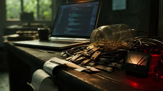 A cracked jar of brass keys spills across a developer desk beside an unbranded laptop, tangled cables, and a billing meter stuck in the red.