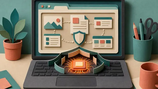A paper-cut laptop browser scene shows a glowing local AI chip inside the machine, surrounded by privacy shields and floating webpage fragments.