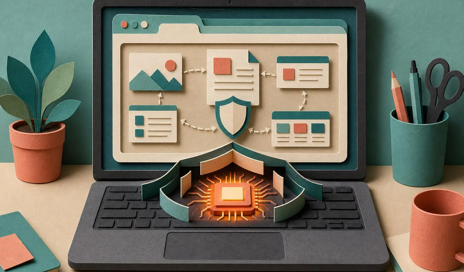 A paper-cut laptop browser scene shows a glowing local AI chip inside the machine, surrounded by privacy shields and floating webpage fragments.