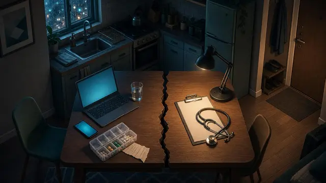 An isometric kitchen scene shows a generic laptop and pill organizer separated from a doctor’s clipboard by a dark crack across the table, symbolizing the divide between chatbot advice and medical car