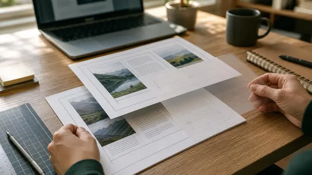 Anonymous hands align layered document proofs on a desk, showing how translated PDFs keep artwork and page layout intact.