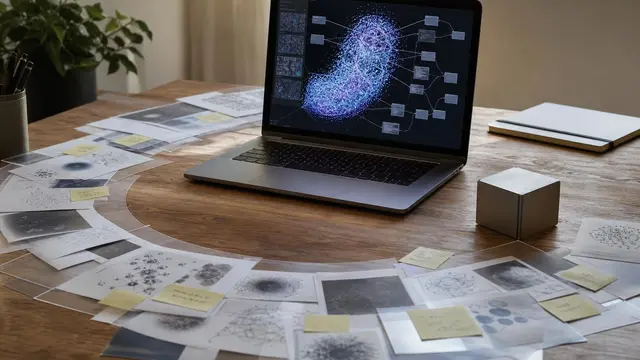 A sunlit desk still life shows an unbranded laptop surrounded by looping drafts and a small metal cube, suggesting an AI-built coding model.