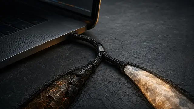 A macro scene of a laptop desk where a cable-like path splits toward two contrasting material cores, symbolizing a coding platform choosing a different AI partner.