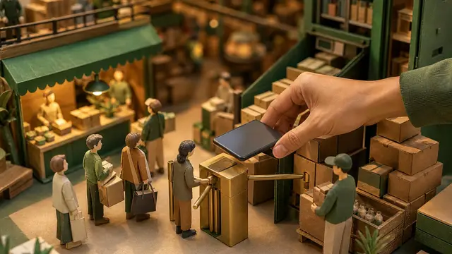 A miniature shopping-diorama shows tiny AI agents moving product boxes toward a checkout gate while an anonymous hand approves the purchase on a generic phone.