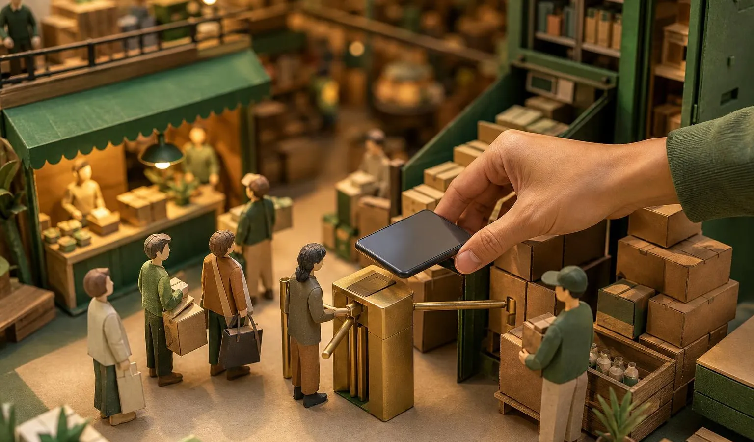 A miniature shopping-diorama shows tiny AI agents moving product boxes toward a checkout gate while an anonymous hand approves the purchase on a generic phone.
