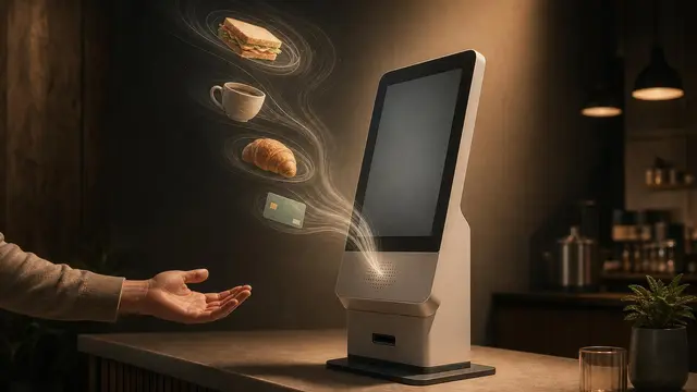 A customer uses a tabletop ordering kiosk as voice ripples turn into food choices and a payment symbol above a cafe counter.