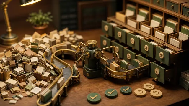 A tiny handcrafted archive diorama shows messy file cards being automatically sorted along a glowing path into tidy cabinets under warm light.