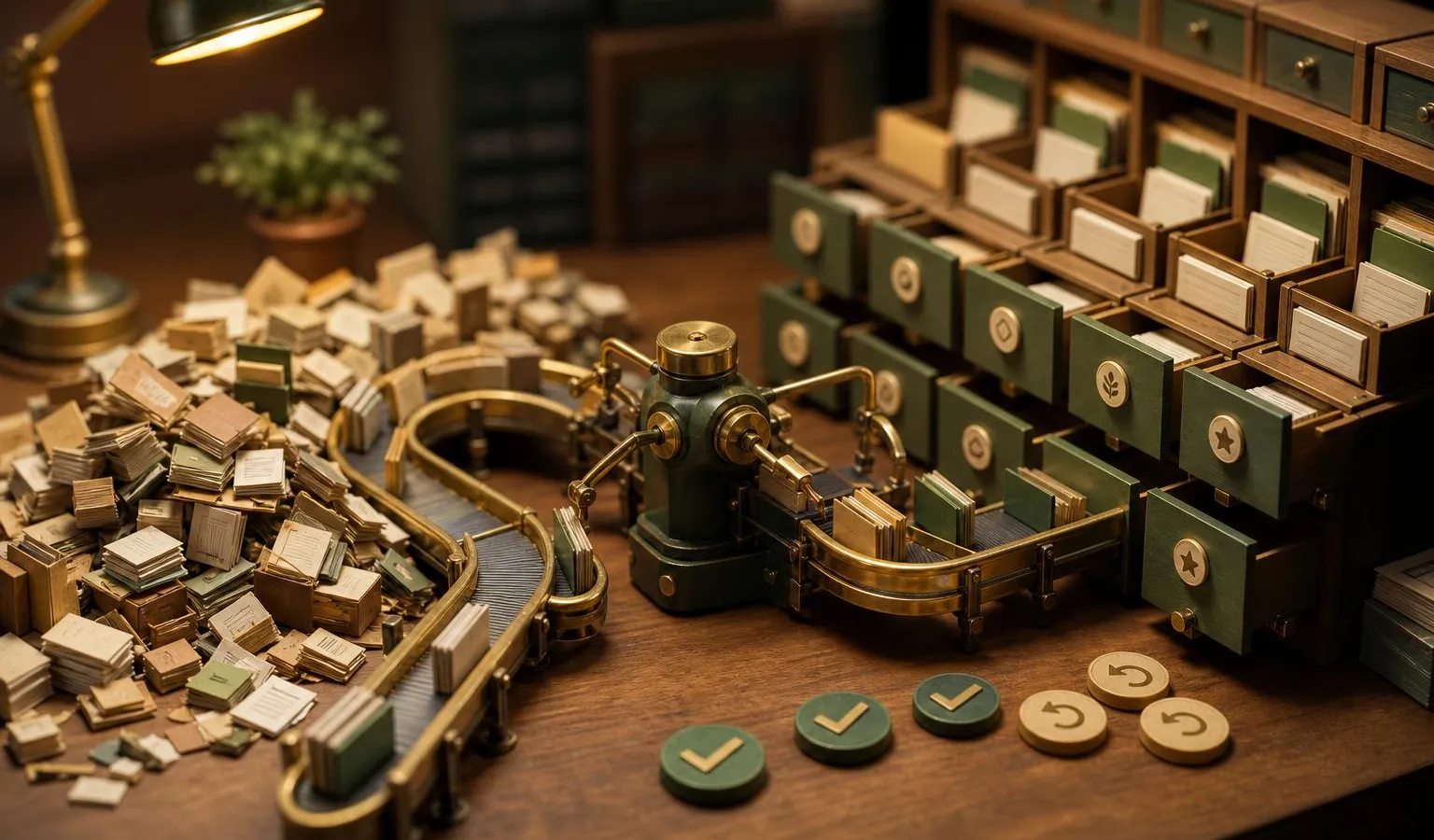 A tiny handcrafted archive diorama shows messy file cards being automatically sorted along a glowing path into tidy cabinets under warm light.