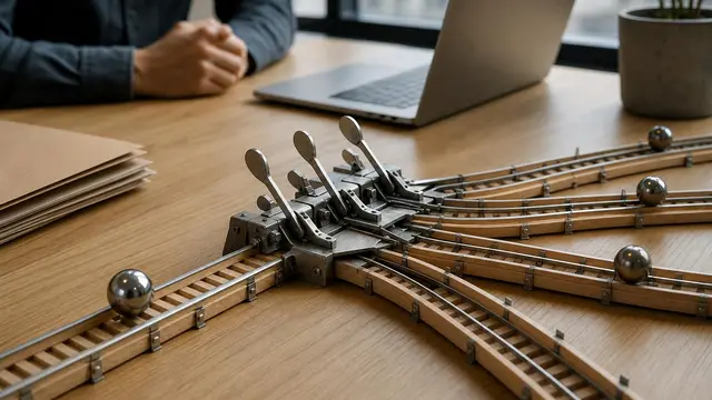 A miniature rail switchyard on an office table shows one sphere splitting into multiple decision paths while anonymous hands and a generic laptop blur in the background.