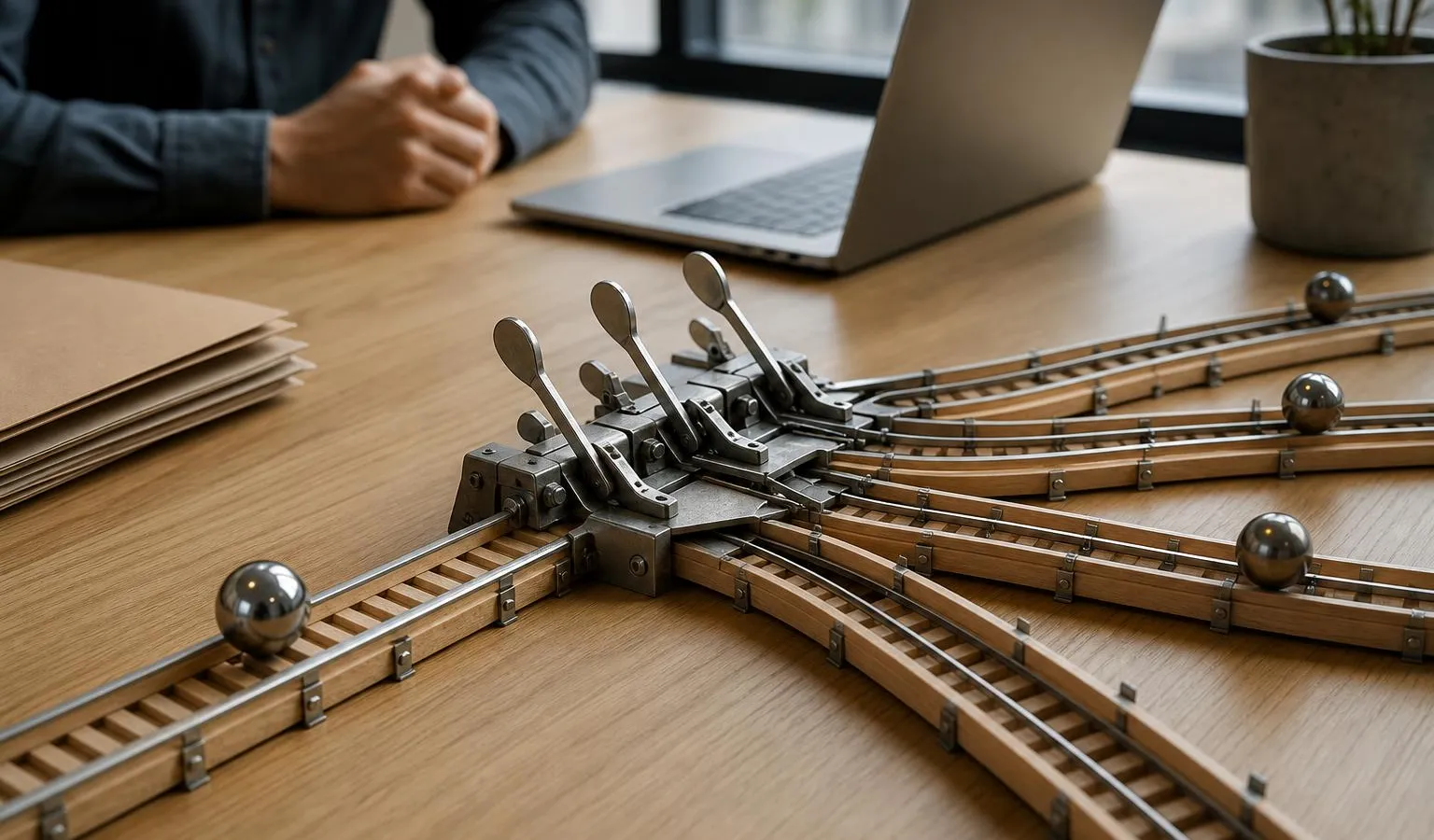 A miniature rail switchyard on an office table shows one sphere splitting into multiple decision paths while anonymous hands and a generic laptop blur in the background.