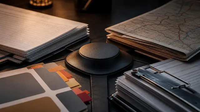 An extreme close-up of varied office documents and clips converging around a central black hub on a dark desk, symbolizing one AI tool unifying many teams.