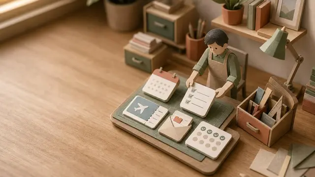 A tiny handcrafted workshop scene where a miniature AI agent assembles custom task app cards into an organized personal workspace on a desk.