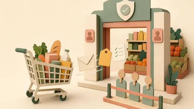 A paper-cut grocery cart approaches a secure gateway while small assistant icons wait for approval, with store shelves and soft retail colors in the background.