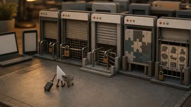 A tiny toy-like AI agent with a cart and suitcase is blocked by locked browser storefronts and captcha gates in a miniature diorama.