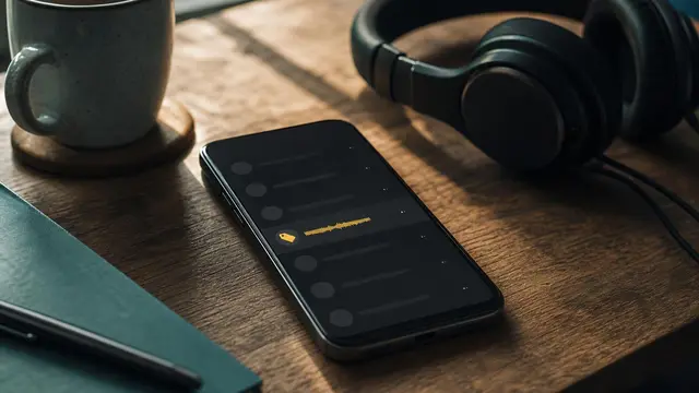 A generic smartphone on a desk shows a music playlist with one track marked by a small badge icon, symbolizing AI labels for songs.