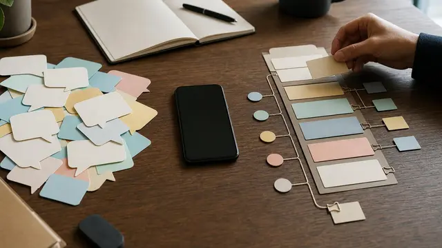A generic smartphone on a desk turns a jumble of chat-like notes into organized task cards and workflow pieces under soft natural light.